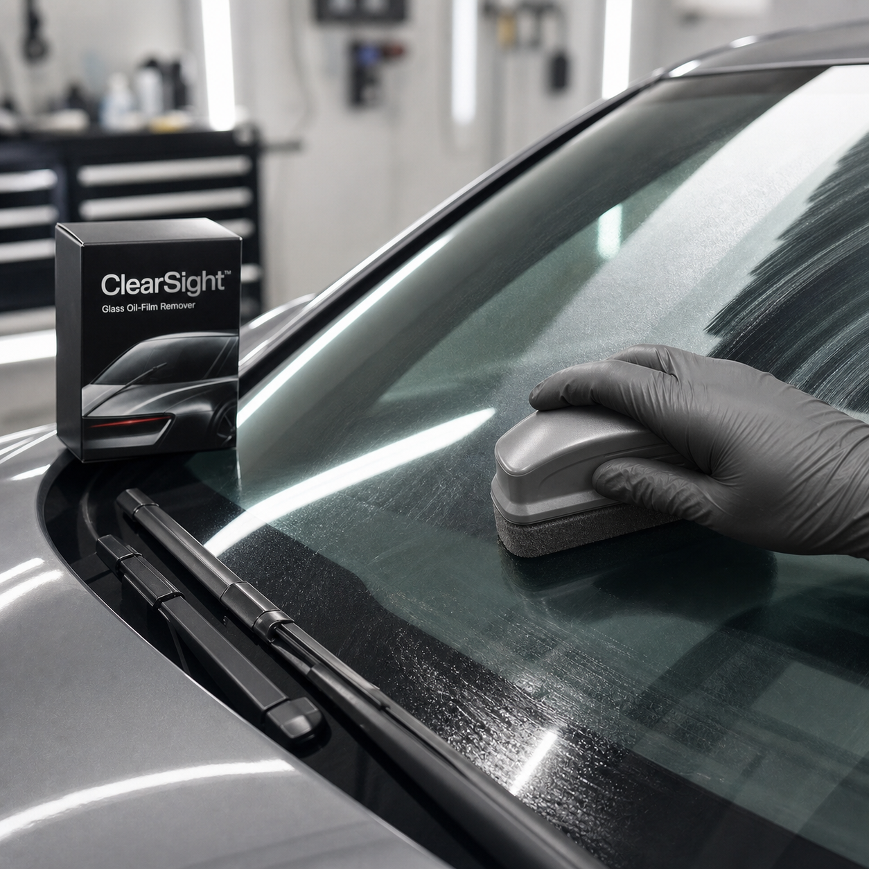 ClearSight applicator removing oil film from a windshield