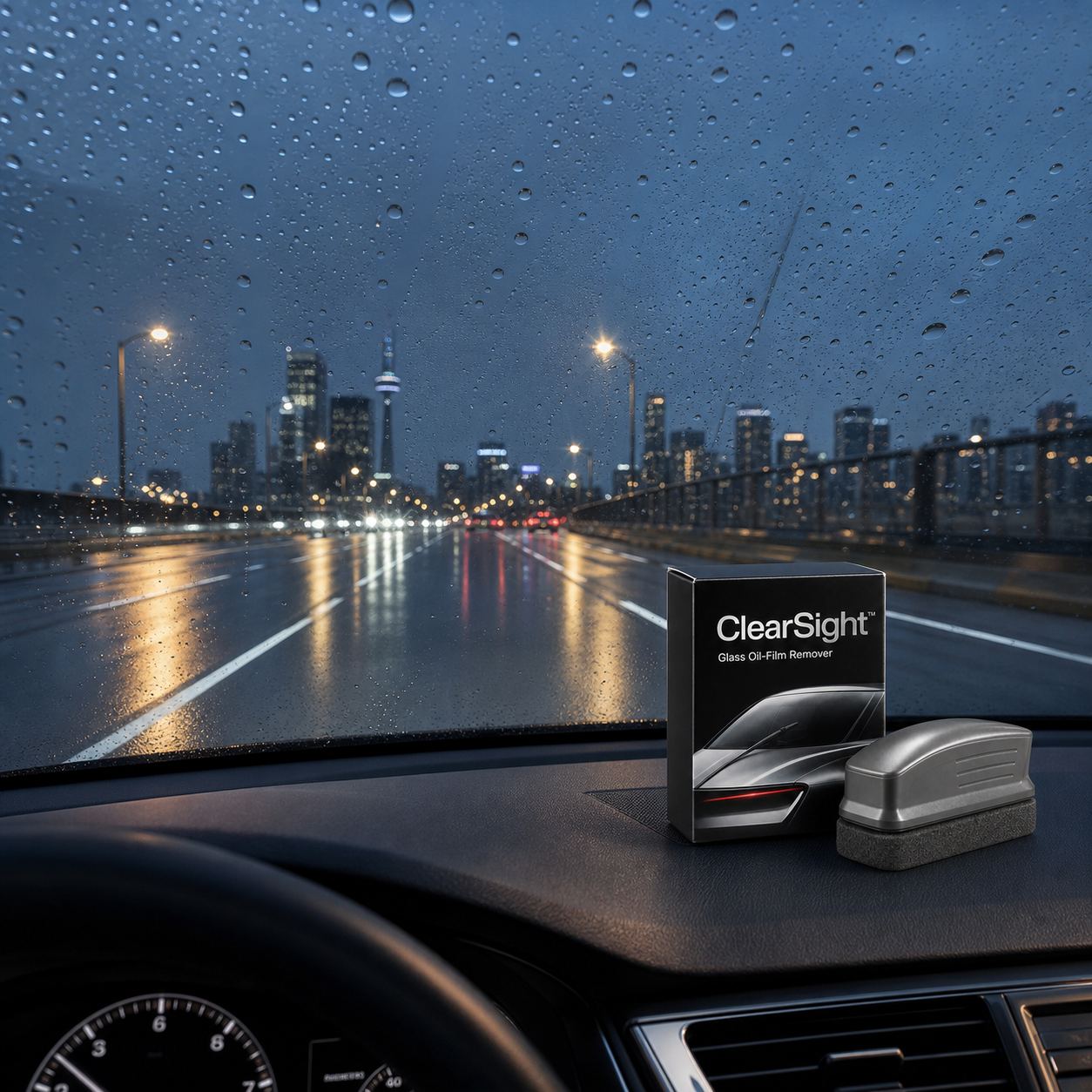 ClearSight kit with clear rainy-night windshield view