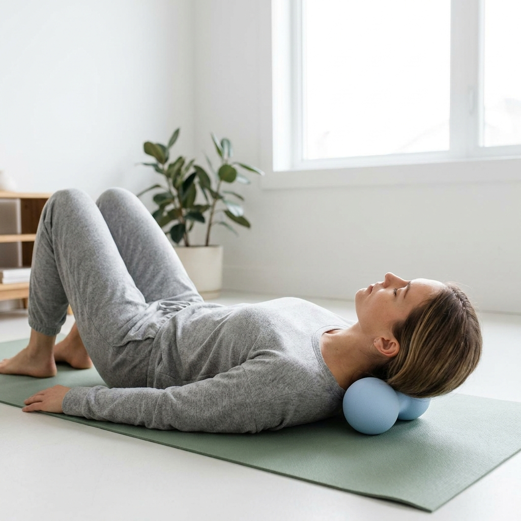 Peanut ball neck release on yoga mat