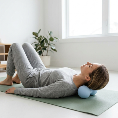 Peanut ball neck release on yoga mat