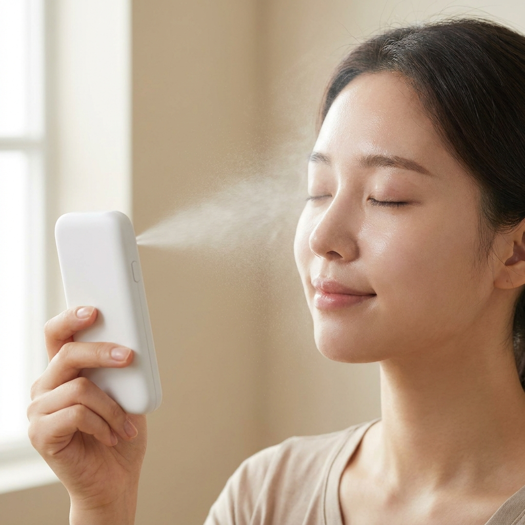 Woman misting face with LumiCell handheld device