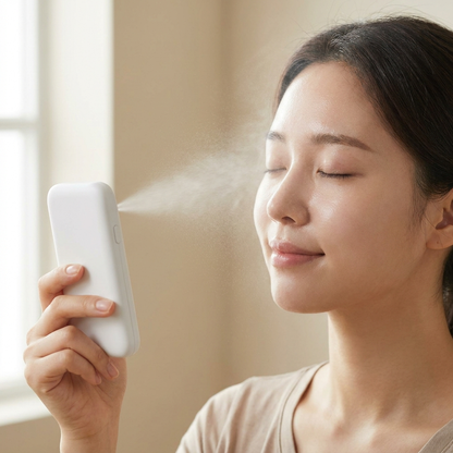 Woman misting face with LumiCell handheld device