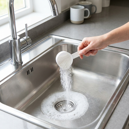 Pouring DrainVanish powder into a sink drain