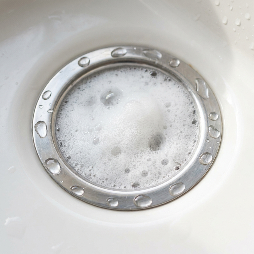 Foam rising from a stainless steel drain