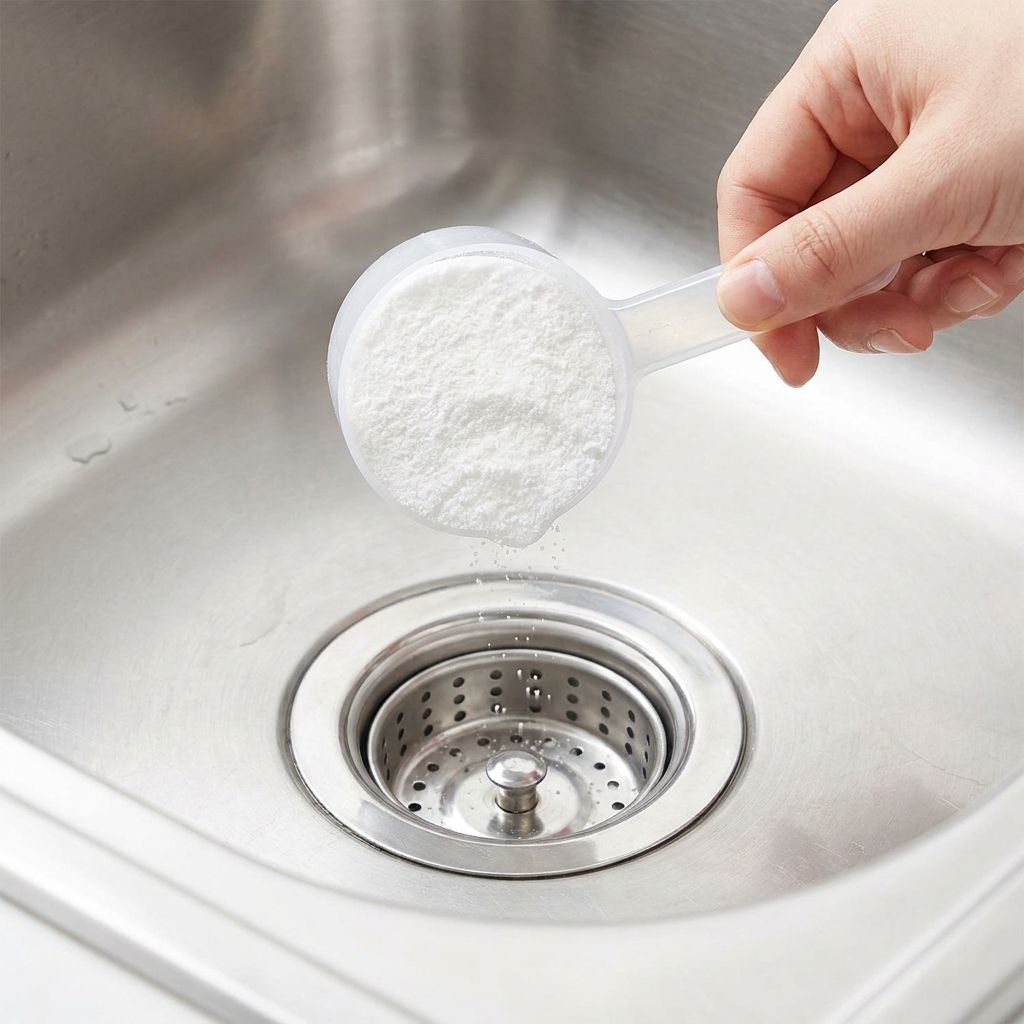 Scoop of powder held over a drain