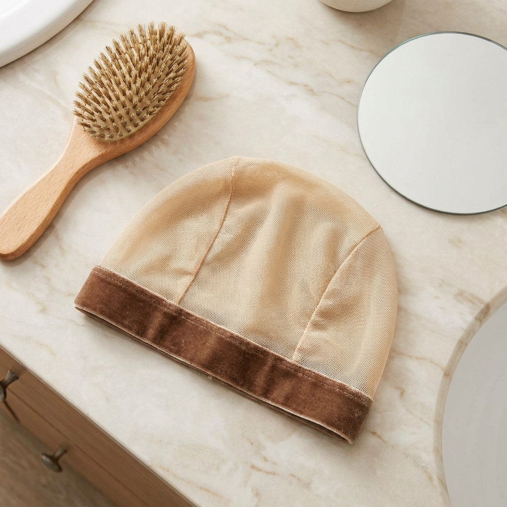 GripLuxe wig cap on a beauty vanity