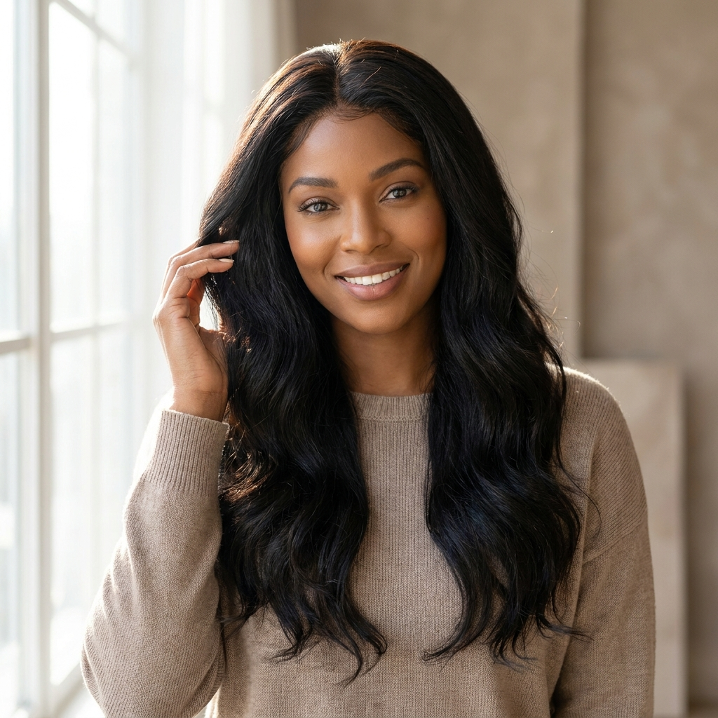Woman wearing a secured lace-front wig