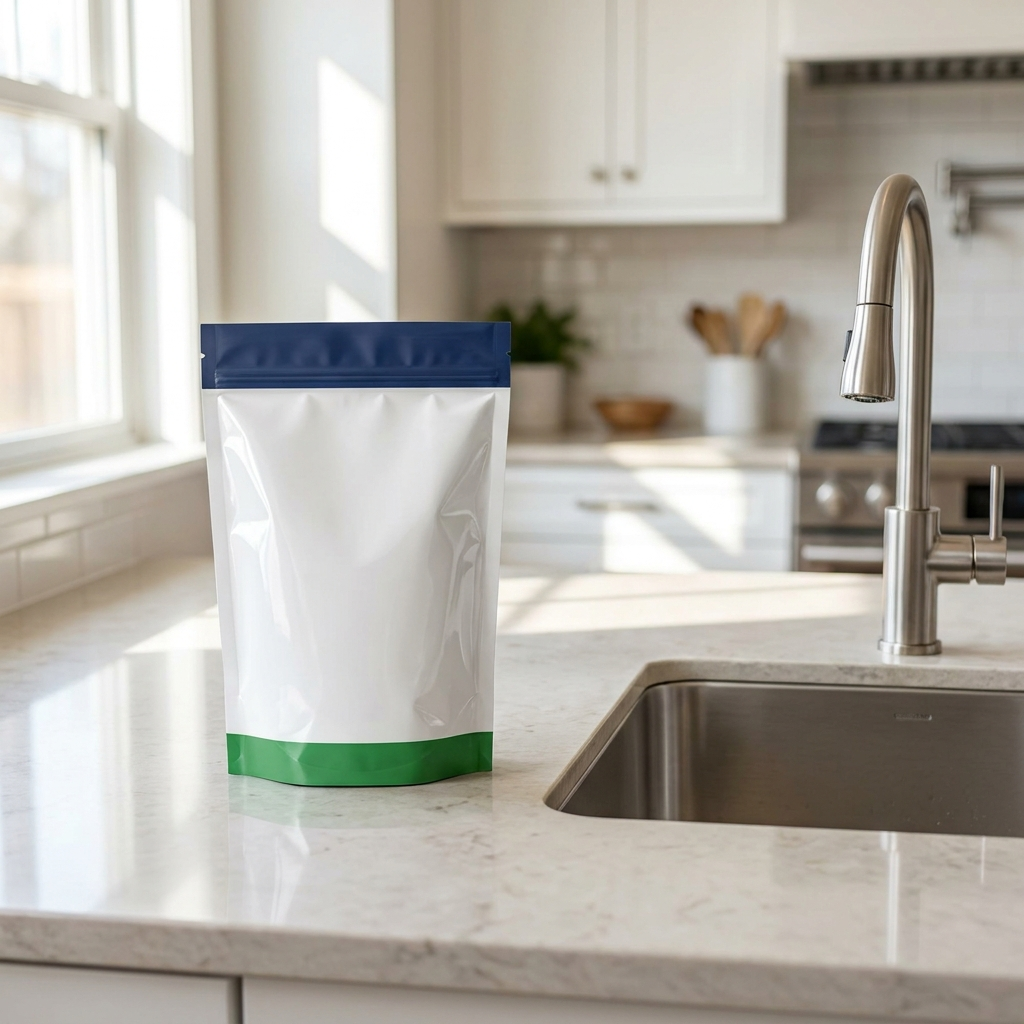 DrainVanish pouch on a kitchen counter