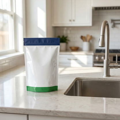 DrainVanish pouch on a kitchen counter