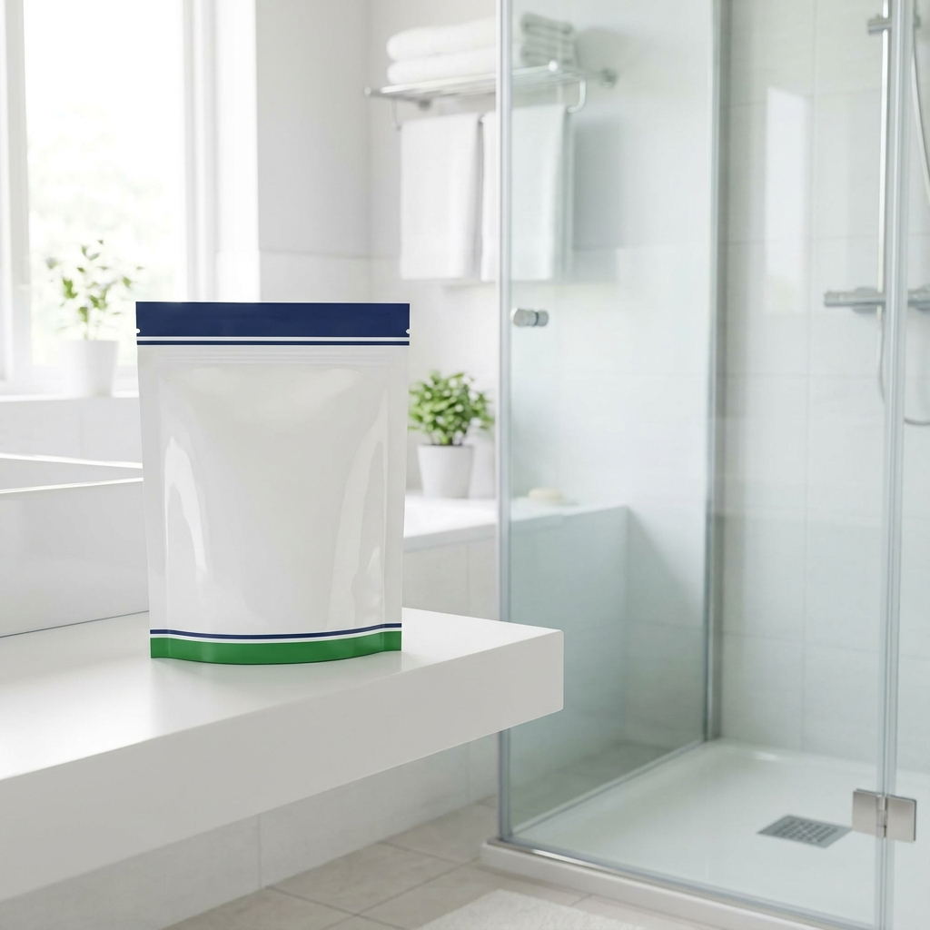 DrainVanish pouch in a bright bathroom