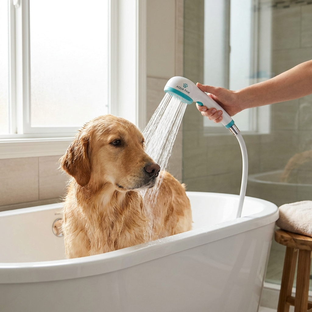 Rinsing a dog with RinseFlow