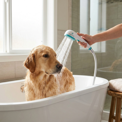 Rinsing a dog with RinseFlow