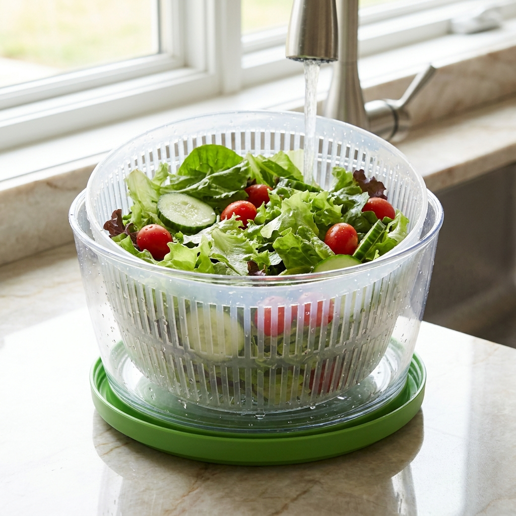 SpinFresh rinse produce in colander basket