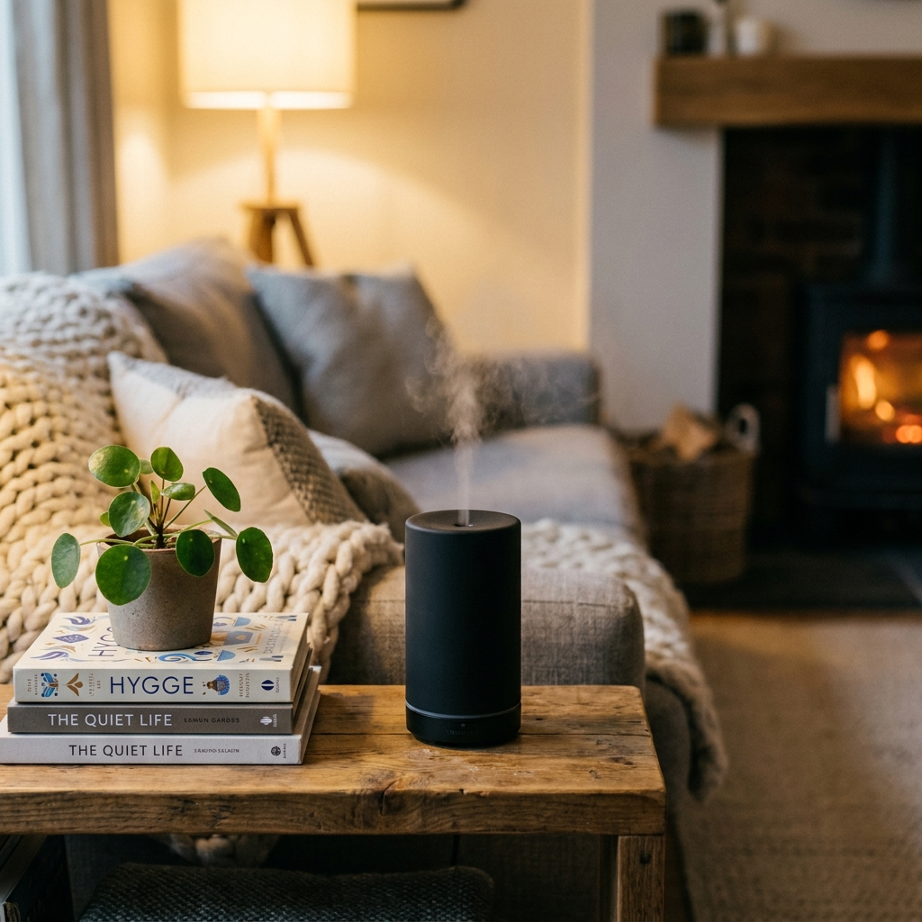 AeroMist diffuser on living room shelf