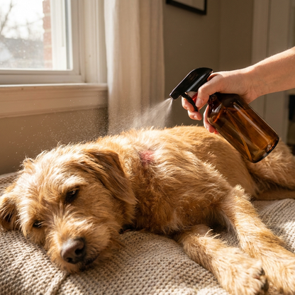 Applying SpotSoothe hot-spot spray to a dog's irritated skin
