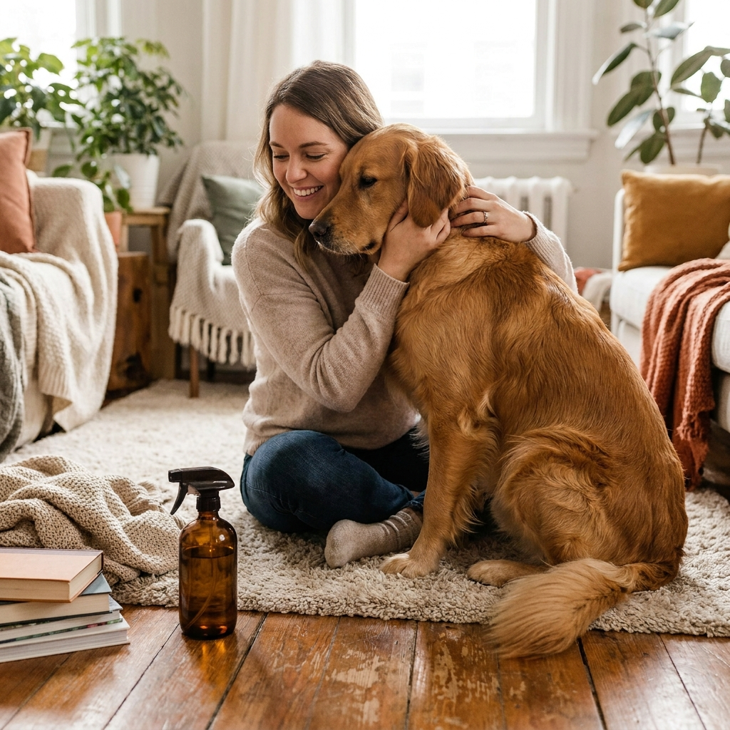 Happy owner cuddling a healthy dog with SpotSoothe nearby