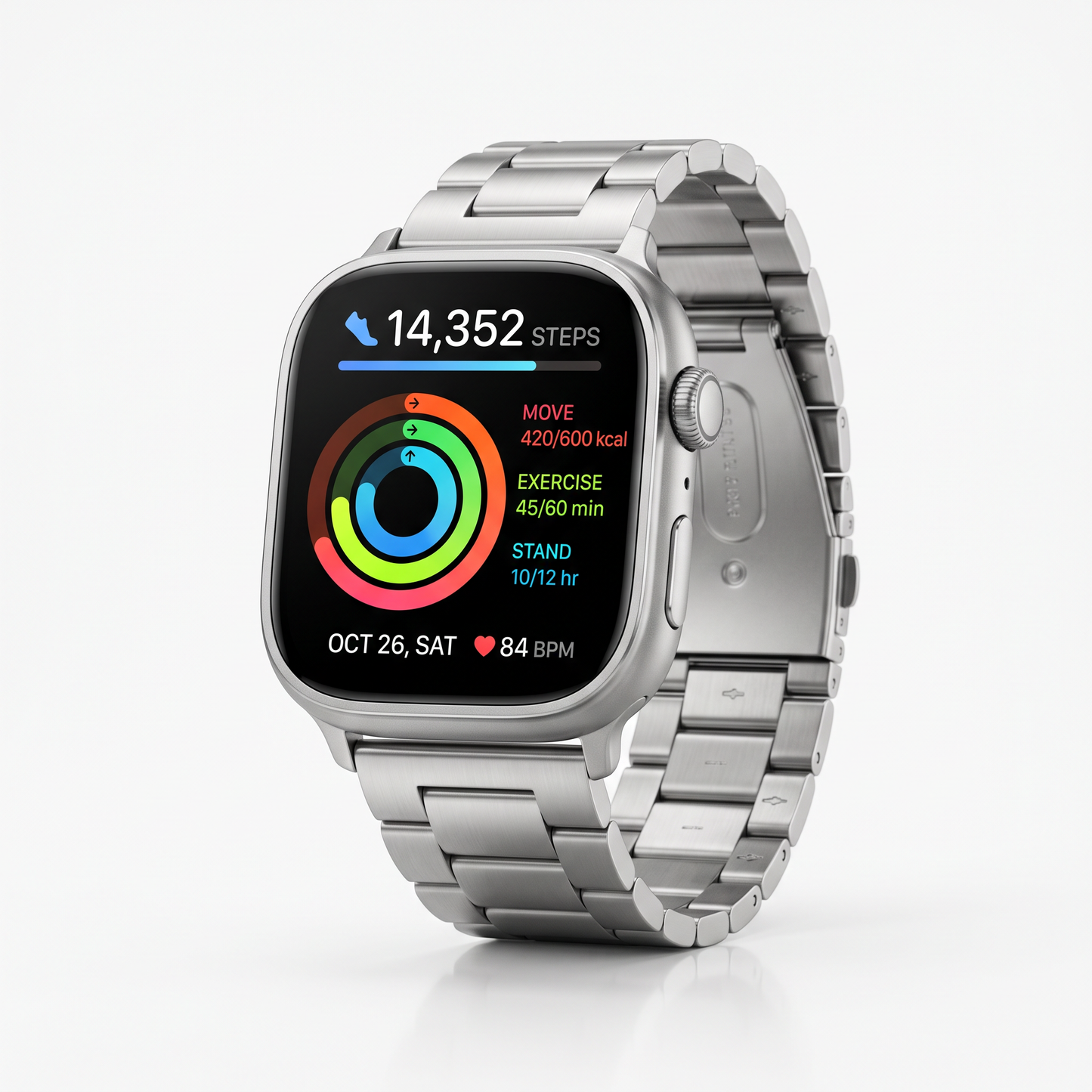 VitalPulse Smart Watch silver steel with activity rings