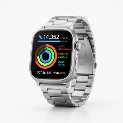 VitalPulse Smart Watch silver steel with activity rings