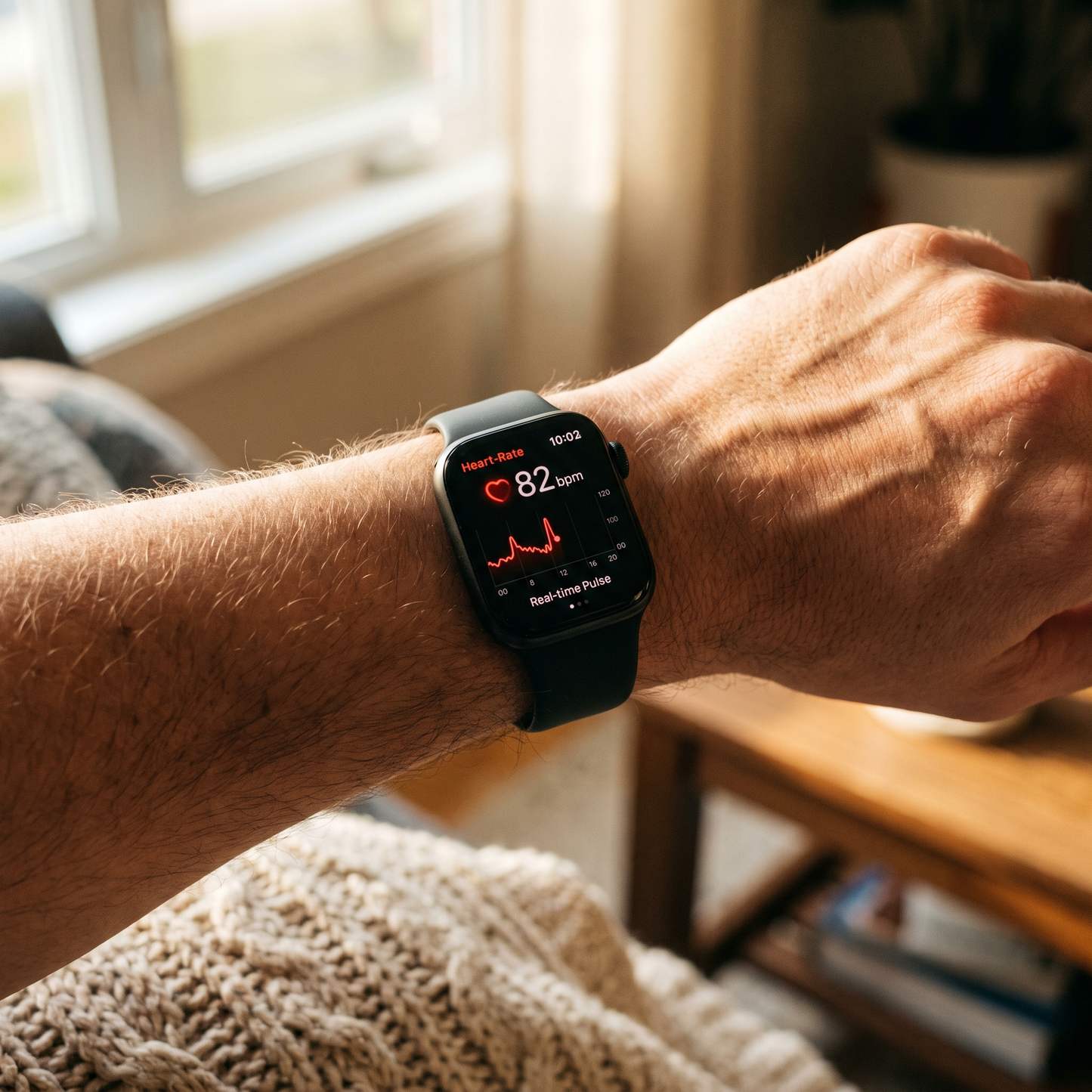 VitalPulse Smart Watch on wrist showing heart rate