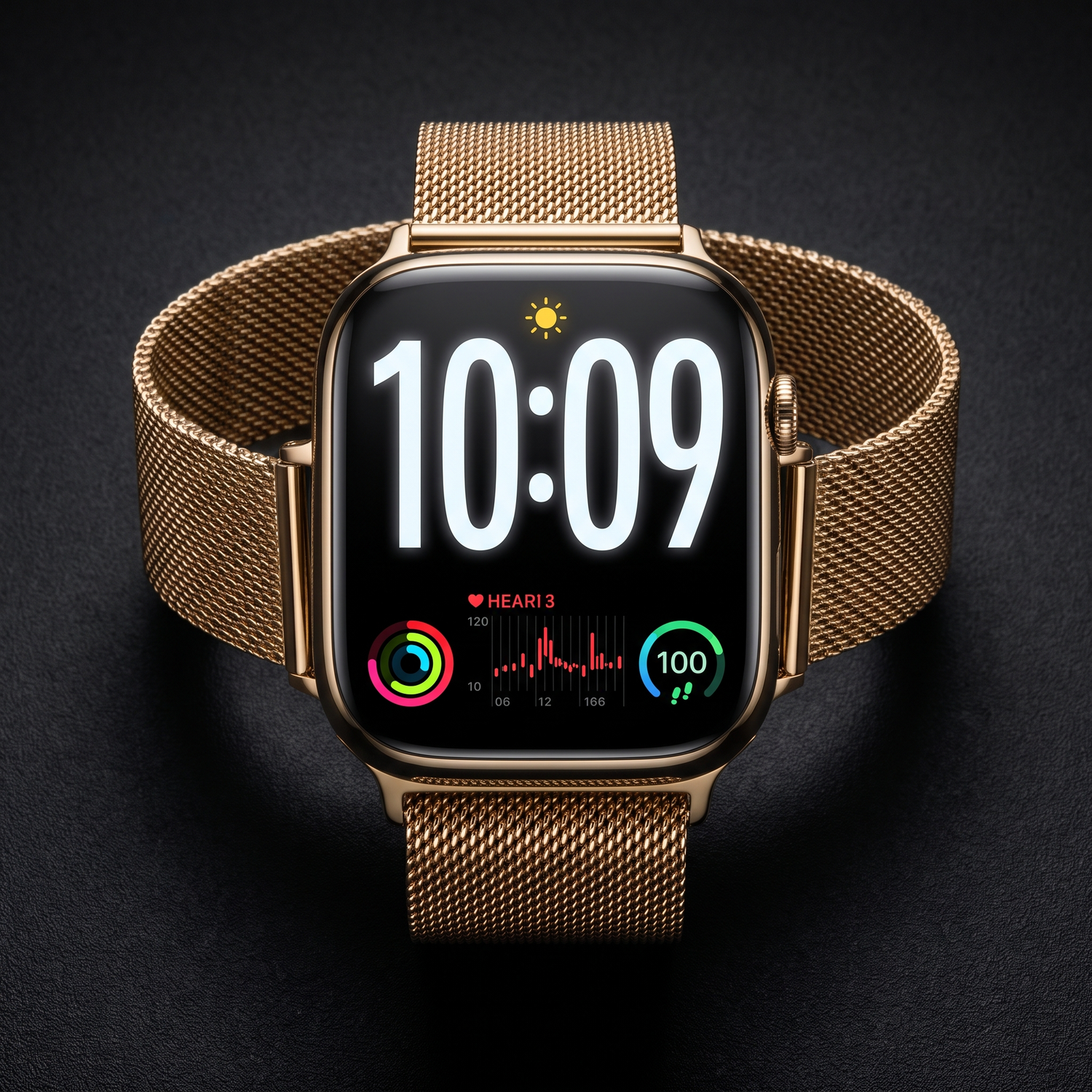VitalPulse smart watch bright AMOLED display gold milanese band