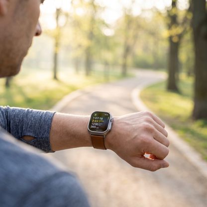 VitalPulse Smart Watch brown leather band outdoors