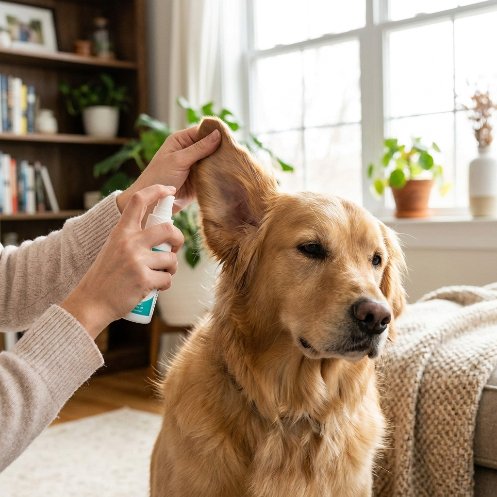 Applying EarCalm ear spray to a calm golden retriever