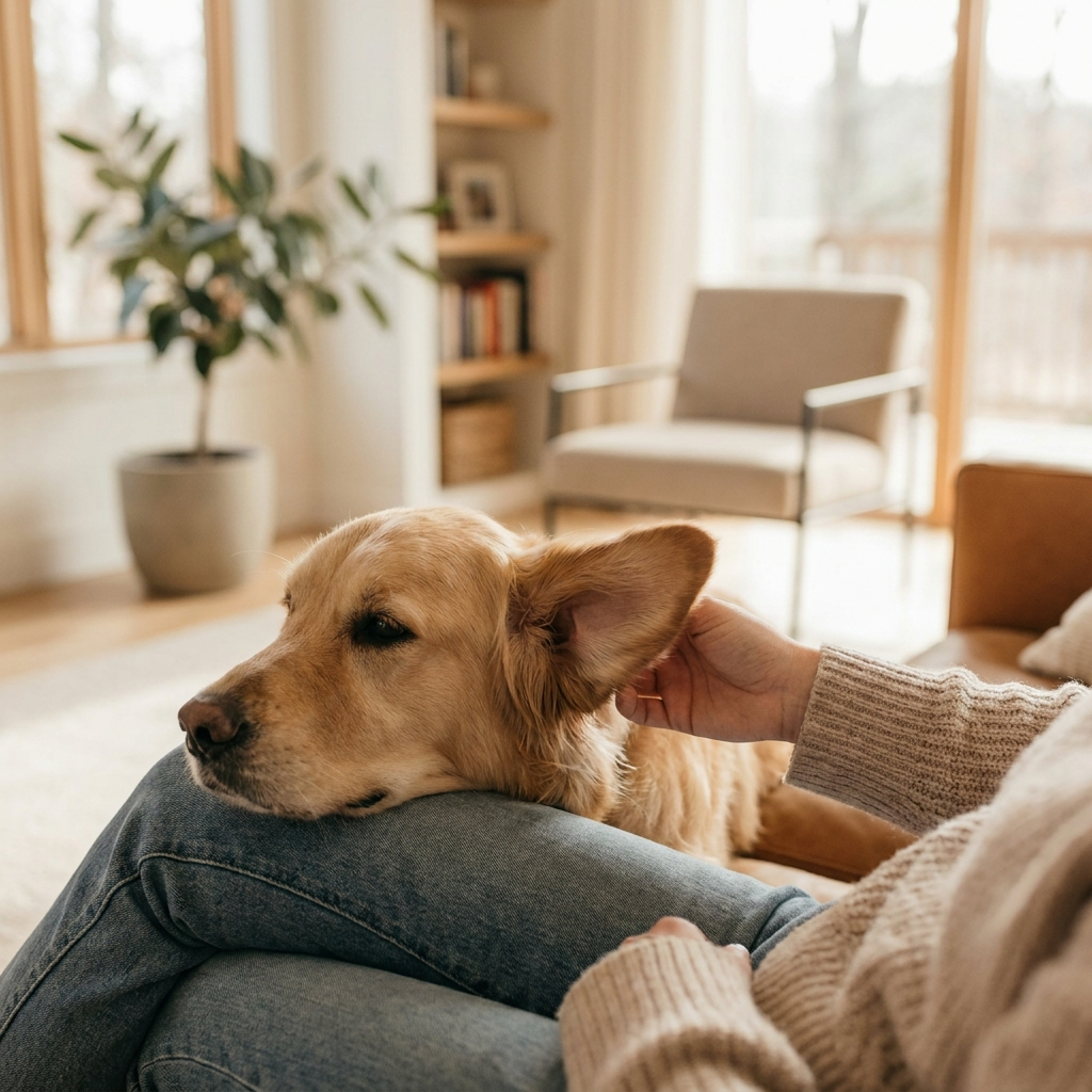 Calm dog resting head on owner lap clean ears