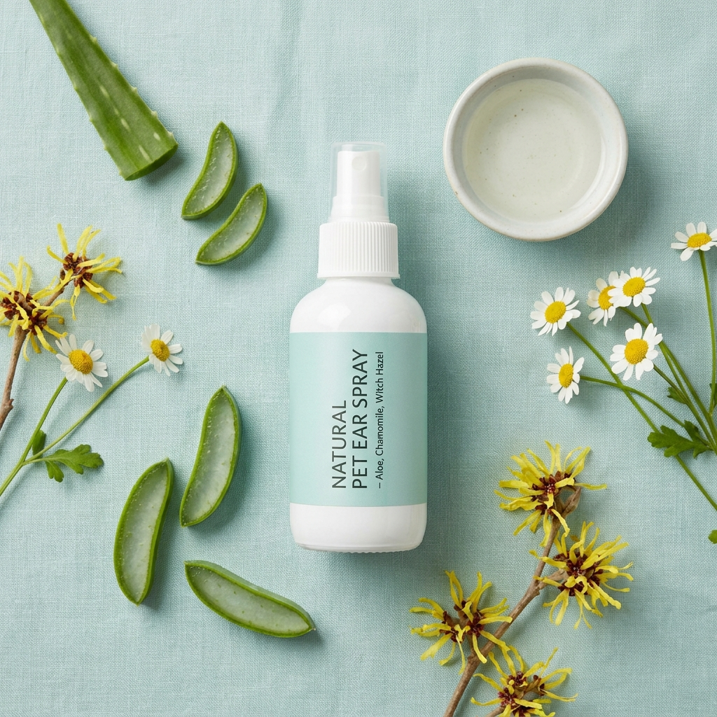EarCalm botanical ingredients aloe chamomile witch hazel flat lay