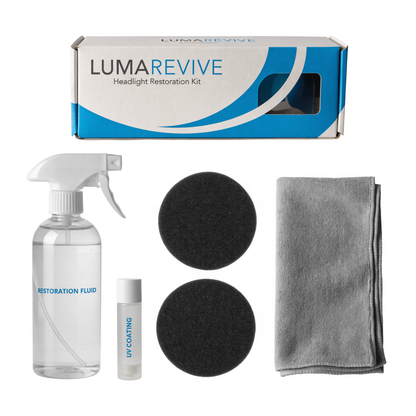 LumaRevive Headlight Restoration Kit - branded studio shot with restoration fluid, UV coating, pads and cloth