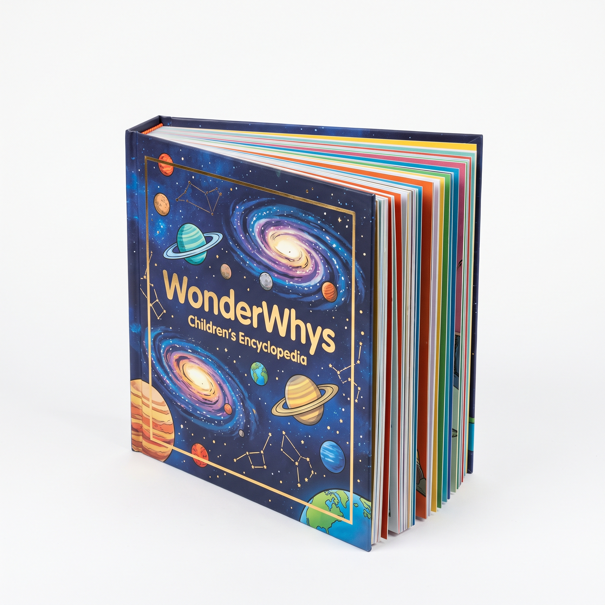 WonderWhys 100000 Whys Kids Encyclopedia hardcover 3-book box set, deep-blue cosmic cover, branded hero shot