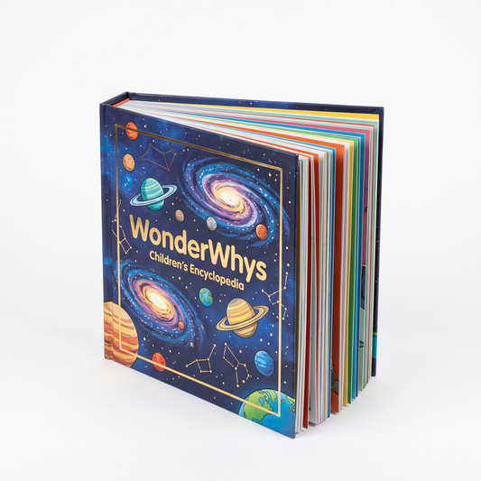 WonderWhys 100000 Whys Kids Encyclopedia hardcover 3-book box set, deep-blue cosmic cover, branded hero shot