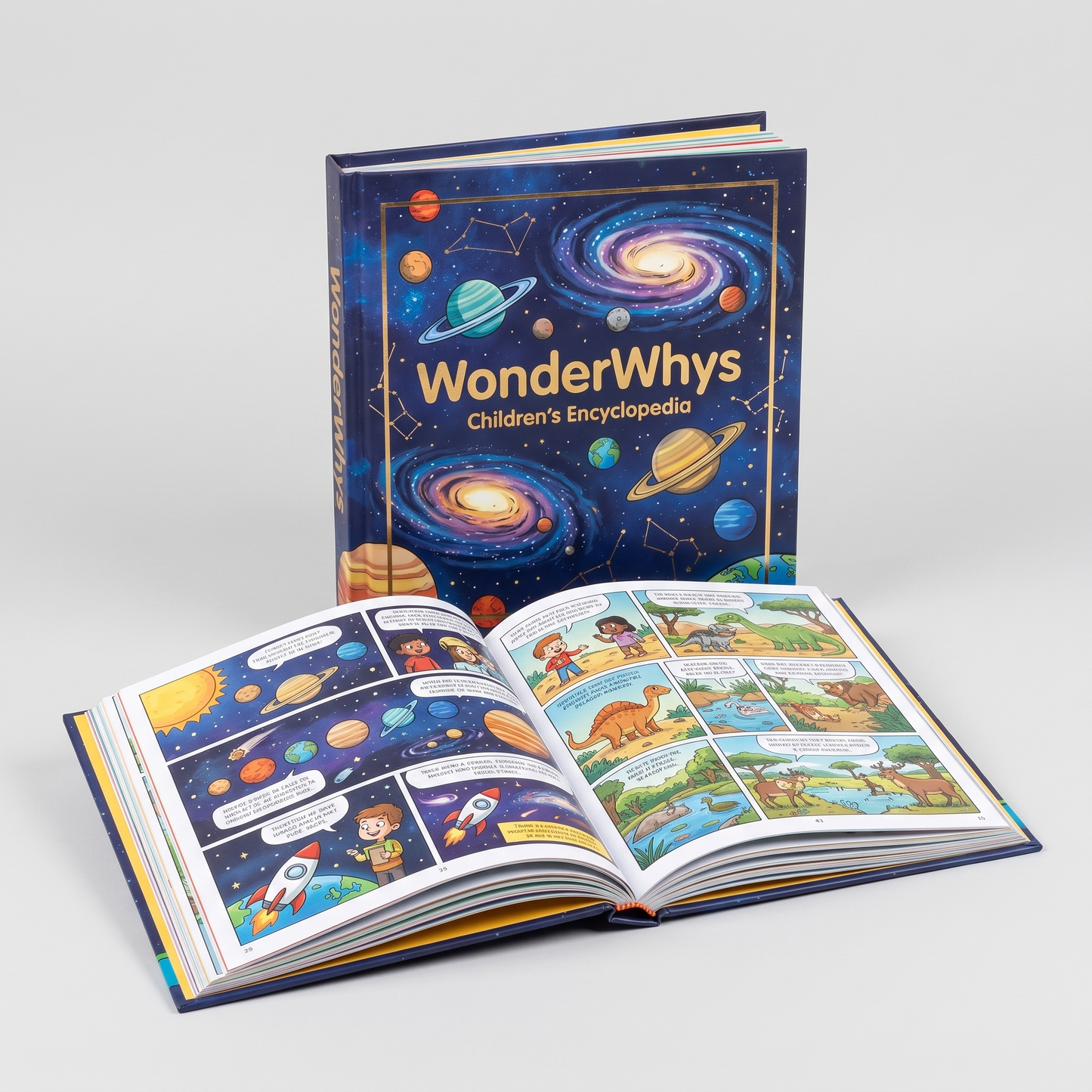 WonderWhys encyclopedia open to a comic-style illustrated page showing space and animal facts