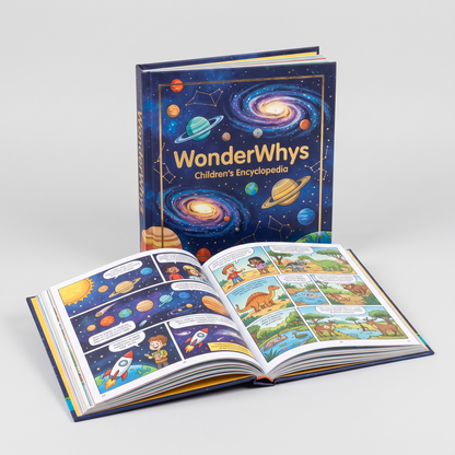 WonderWhys encyclopedia open to a comic-style illustrated page showing space and animal facts