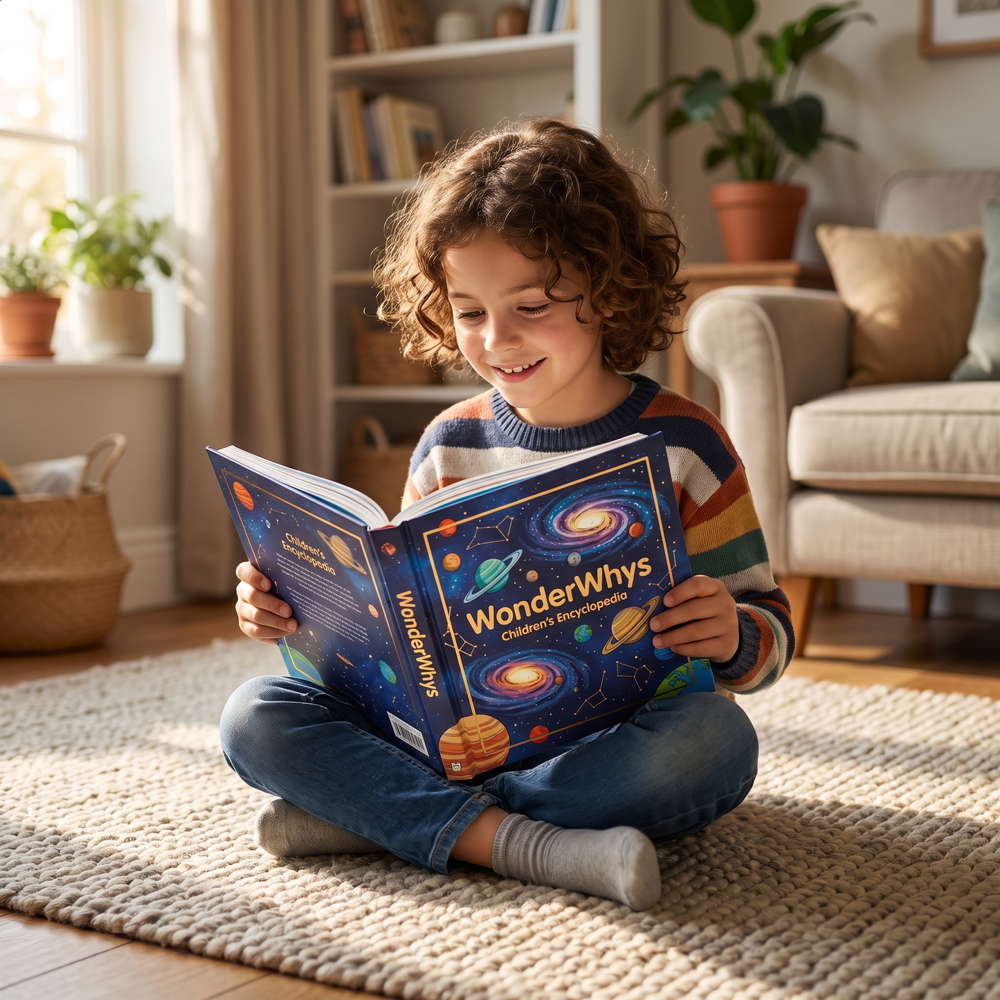 Child reading the WonderWhys encyclopedia at home