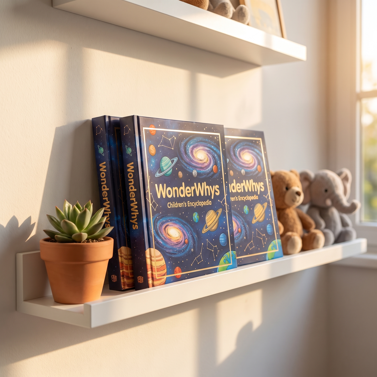 WonderWhys 3-book set displayed on a kids bedroom bookshelf