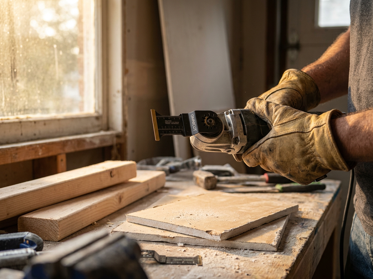 Contractor attaching an Omnicut blade to a multitool