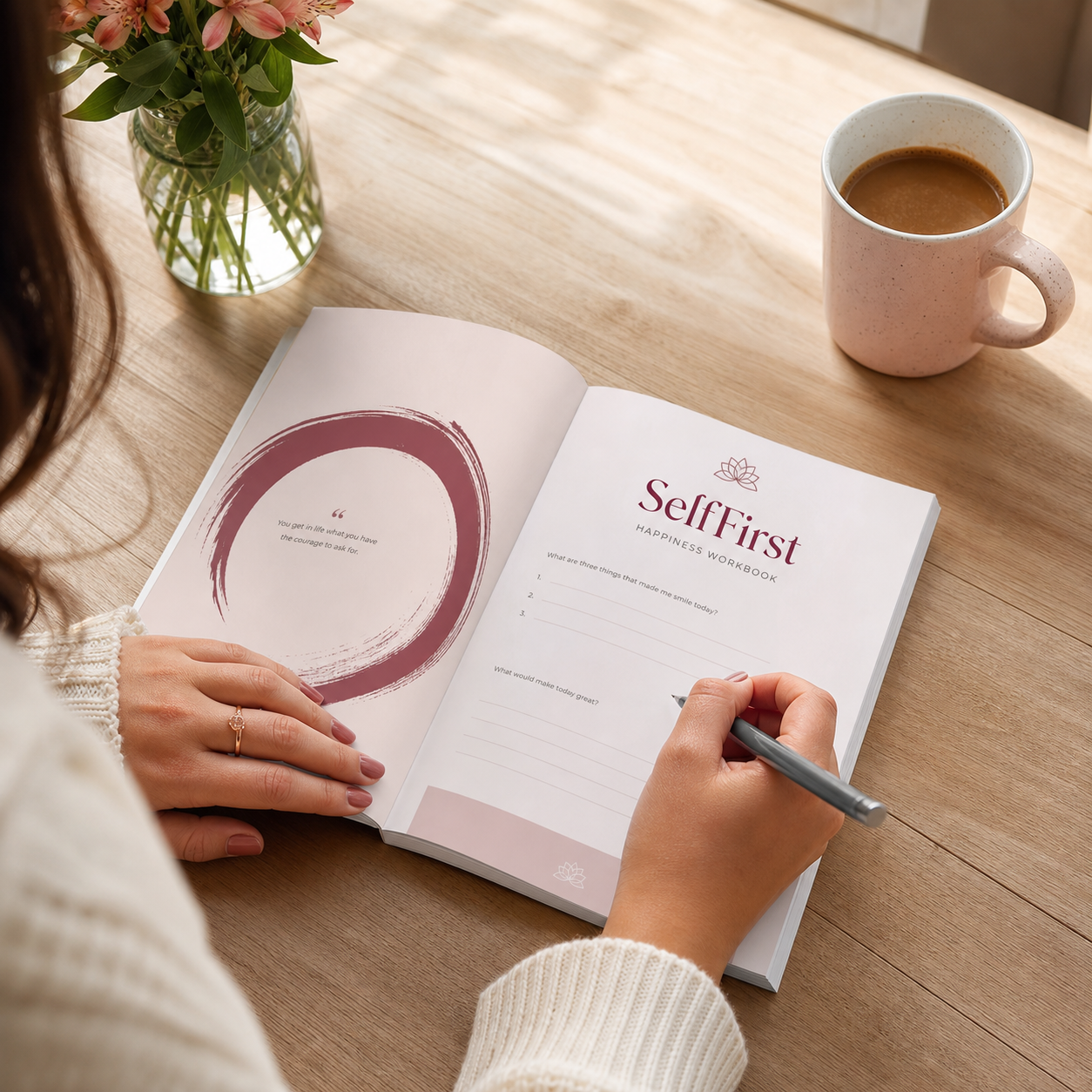 SelfFirst Happiness Workbook in use while journaling