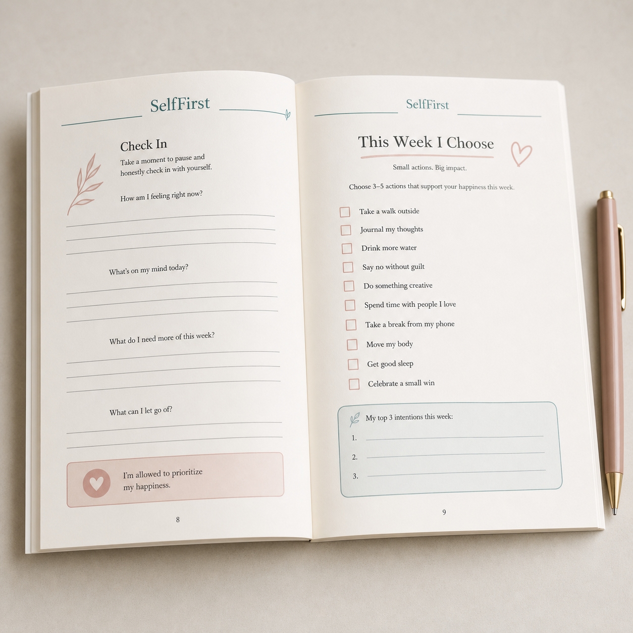 Open SelfFirst Happiness Workbook pages with weekly action prompts