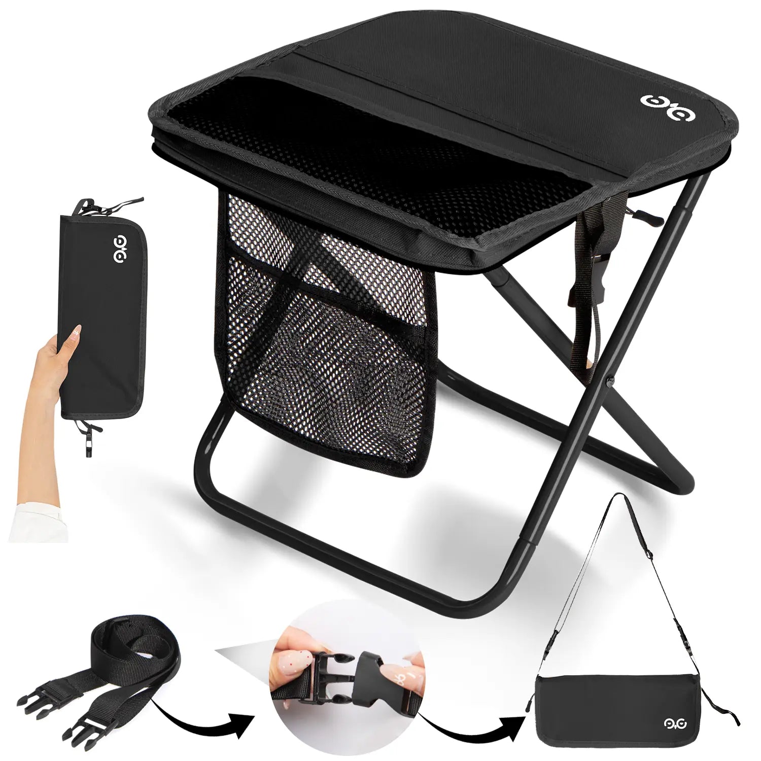 TrailSeat Pocket Chair open with mesh pocket, shoulder strap, and carry pouch
